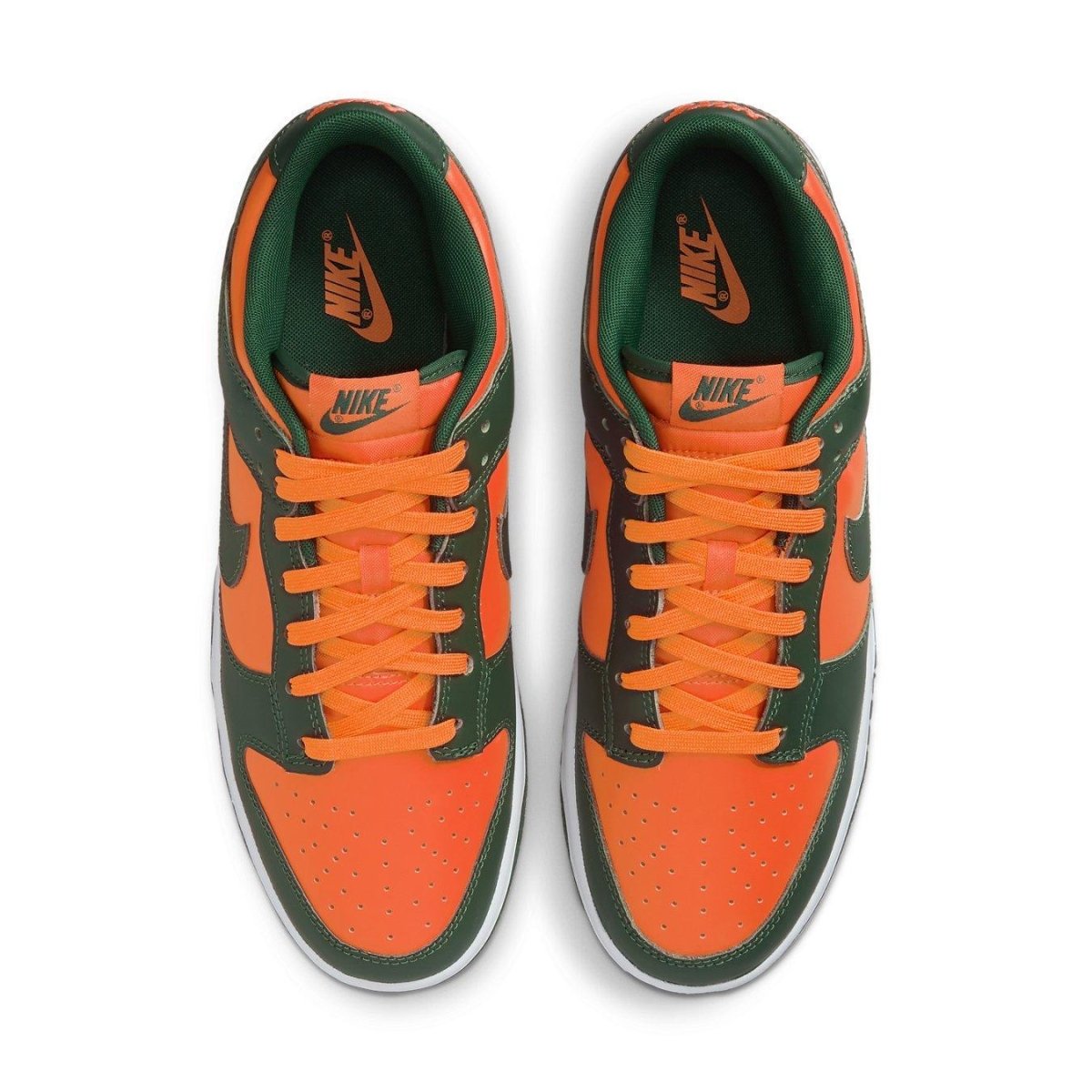 Nike Dunk Low Retro Miami Hurricanes sneakers in orange and green, featuring Swoosh details and perforated toe for ventilation.