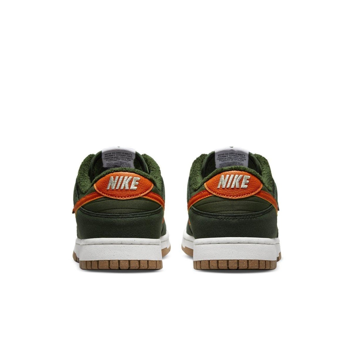 Nike Dunk Low Retro NN Toasty Sequoia sneakers showing back detail with green upper and orange accents.