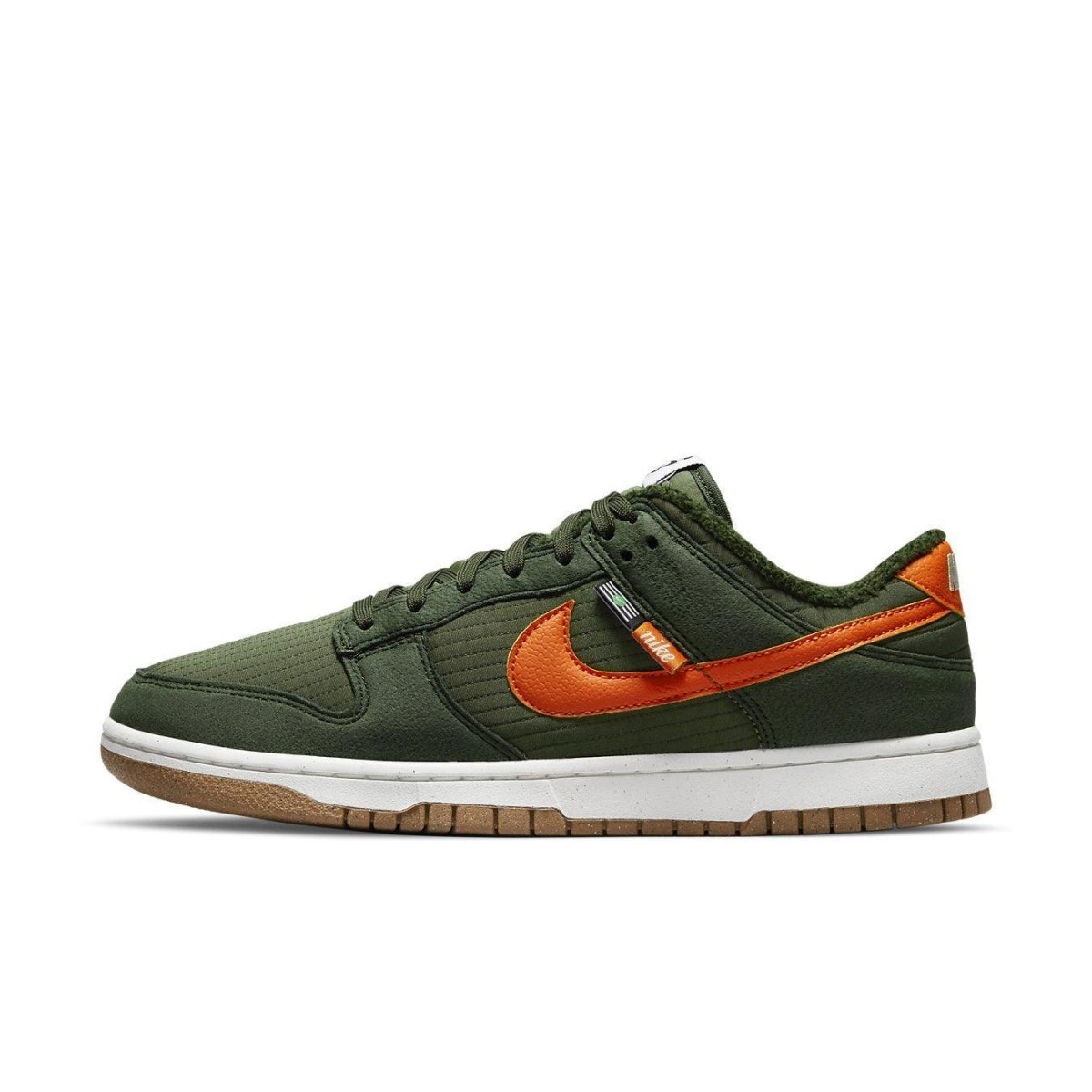Nike Dunk Low Retro NN Toasty Sequoia sneaker in olive green and orange with a textured Swoosh and eco-friendly materials.