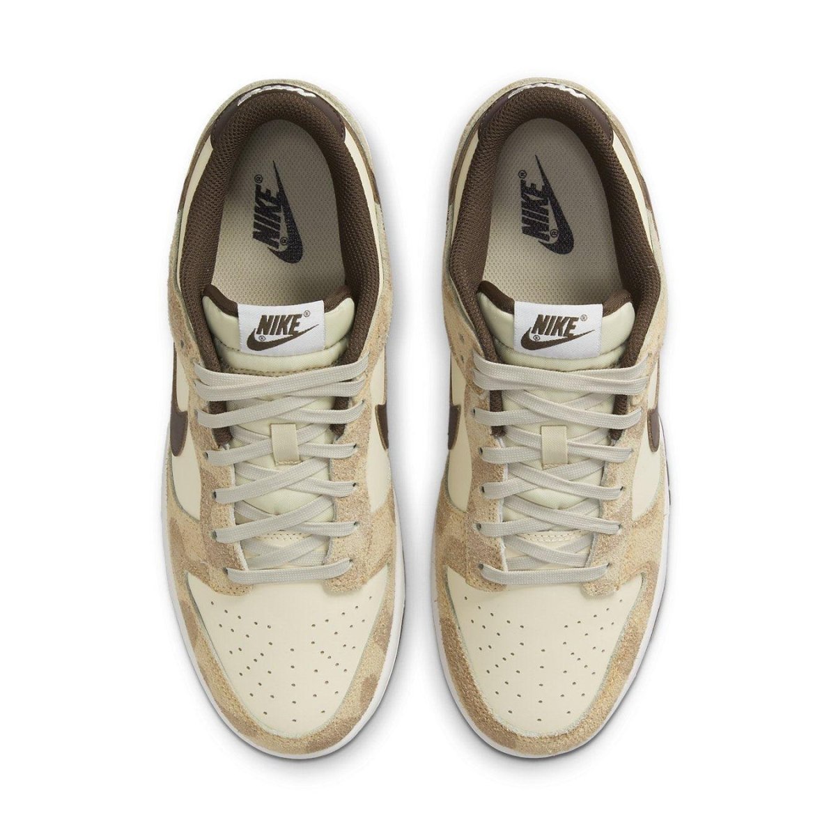 Nike Dunk Low Retro PRM Animal Pack in beige and brown with animal print detailing, top view.