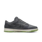 Nike Dunk Low Retro PRM Halloween 2022, grey suede sneaker with double swoosh and green outsole.
