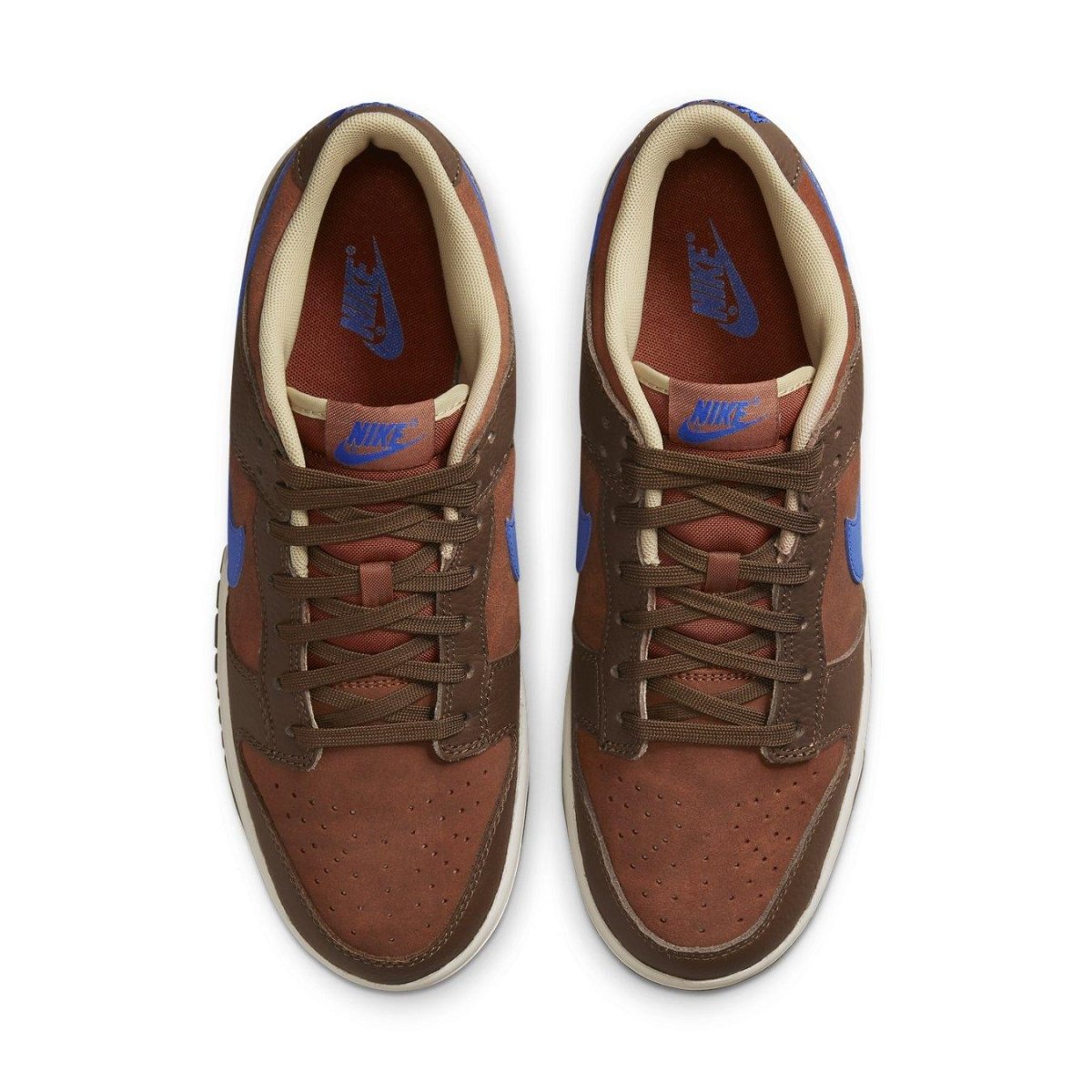 Nike Dunk Low Retro PRM Mars Stone sneakers featuring rust suede, brown accents, and Comet Blue Swoosh.