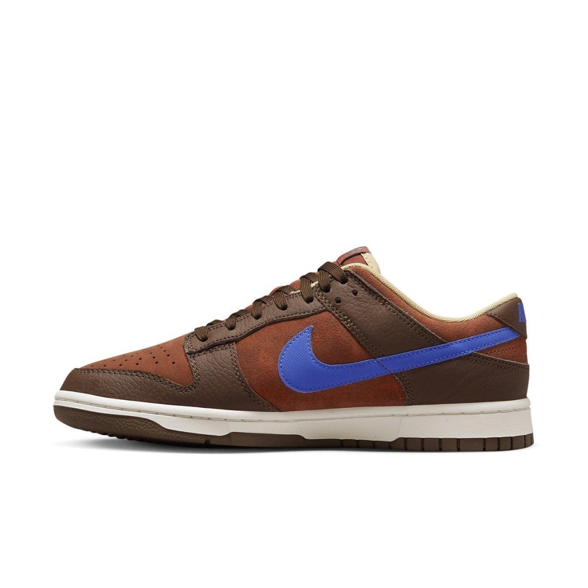 Nike Dunk Low Retro PRM Mars Stone features brown and rust suede with Comet Blue Swoosh, stylish low-cut silhouette.