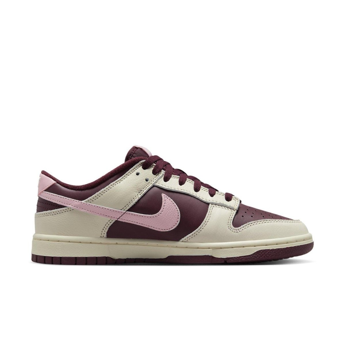 Nike Dunk Low Retro PRM Valentine's Day 2023 in Pale Ivory, Medium Soft Pink and Night Maroon colorway.