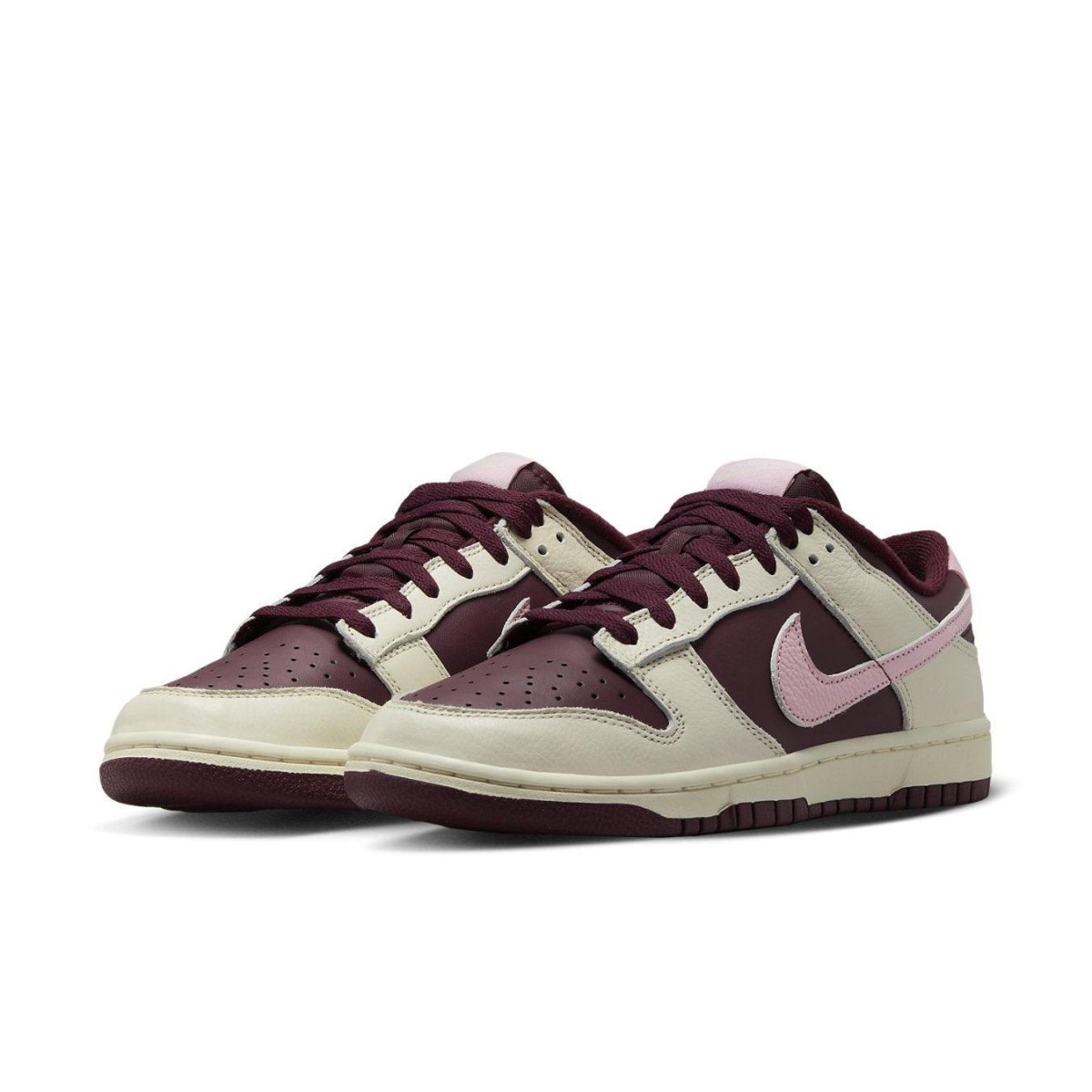 Nike Dunk Low Retro PRM Valentine's Day 2023 in Pale Ivory, Medium Soft Pink, and Night Maroon colors.