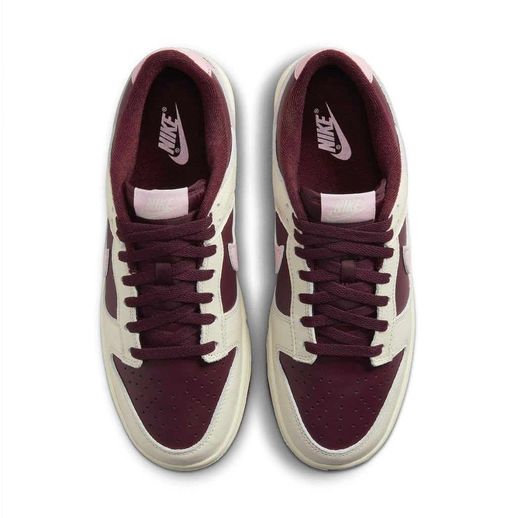 Nike Dunk Low Retro PRM Valentine's Day 2023 in Pale Ivory, Medium Soft Pink and Night Maroon colorway.