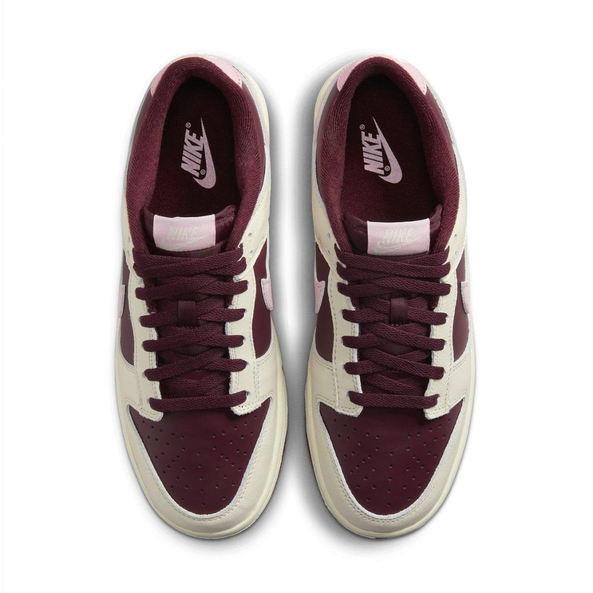 Nike Dunk Low Retro PRM Valentine's Day 2023 in Pale Ivory, Medium Soft Pink and Night Maroon colorway.