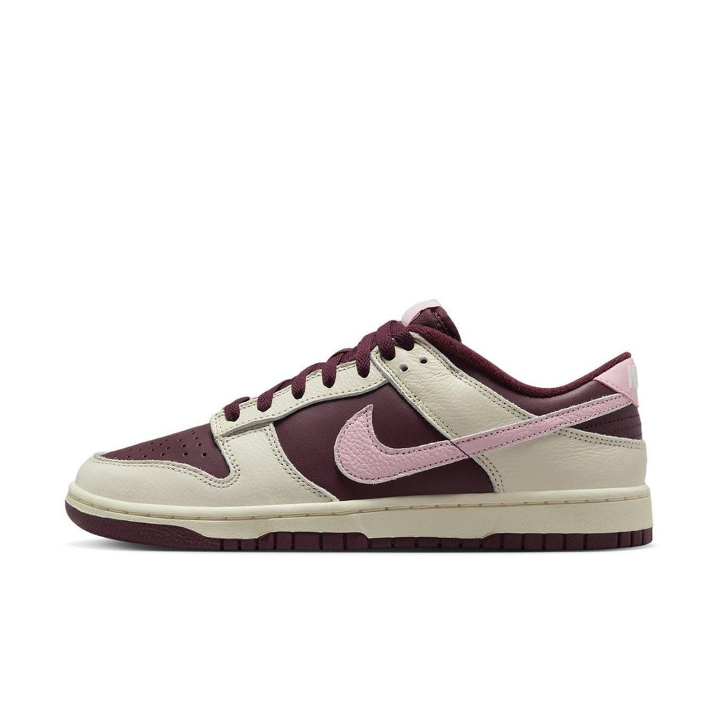 Nike Dunk Low Retro PRM Valentine's Day 2023 in Pale Ivory, Medium Soft Pink and Night Maroon colorway.