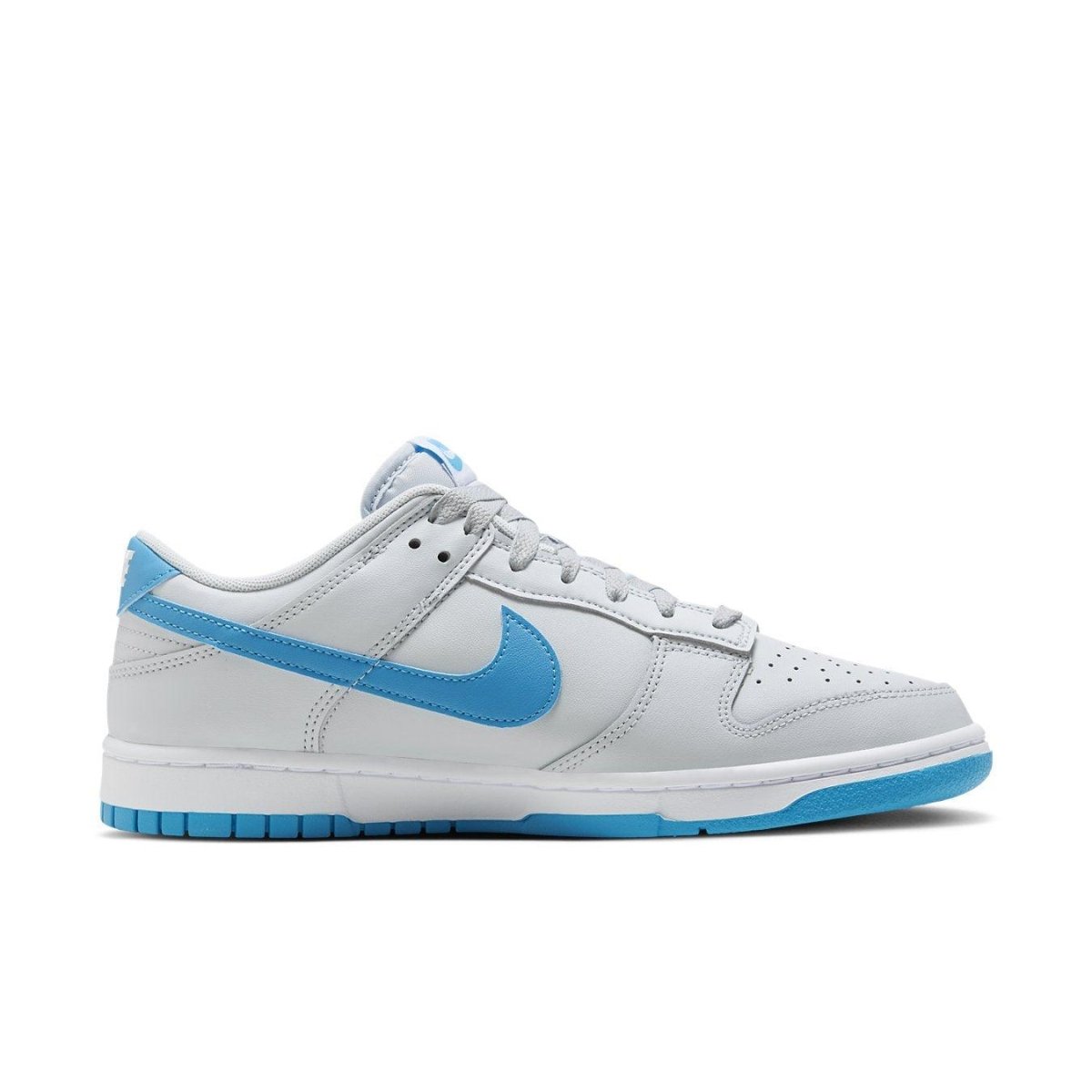Nike Dunk Low Retro Pure Platinum Blue Lightning sneaker featuring grey leather and blue accents on the Swoosh and sole.