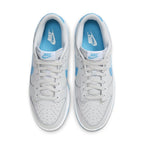 Nike Dunk Low Retro Pure Platinum Blue Lightning sneakers in gray and blue colorway, showcasing lace-up and perforated design.
