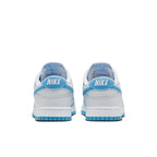 Nike Dunk Low Retro Pure Platinum Blue Lightning rear view with gray leather upper and blue accents.