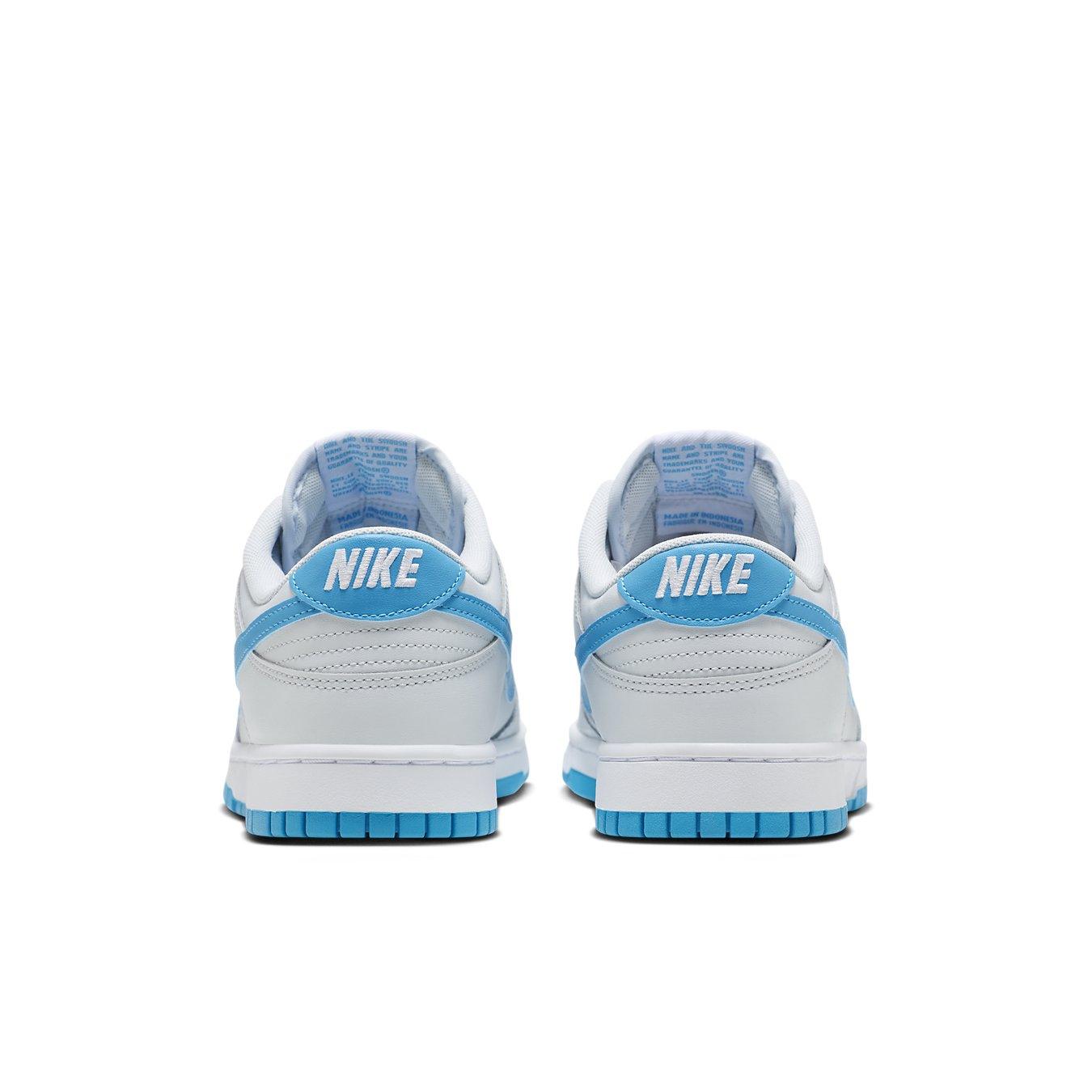 Nike Dunk Low Retro Pure Platinum Blue Lightning rear view with gray leather upper and blue accents.