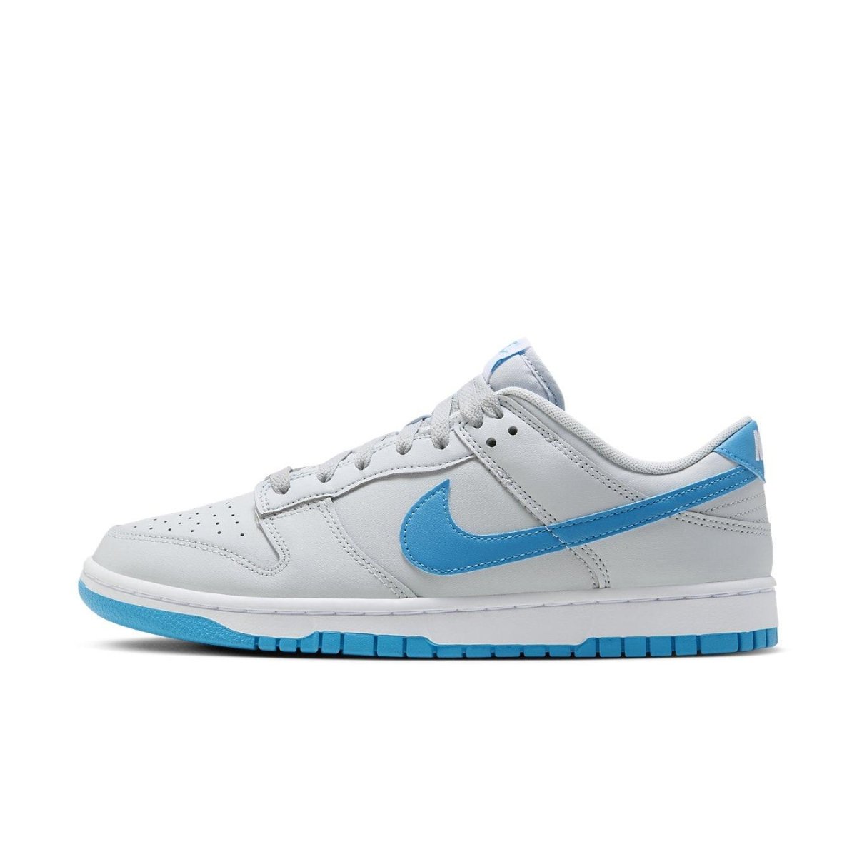 Nike Dunk Low Retro in grey and blue, featuring leather upper and striking blue accents on Swoosh and sole.