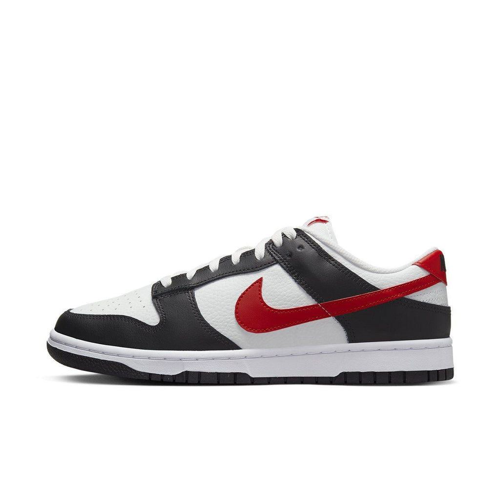 Nike Dunk Low Retro shoes featuring black, white, and University Red colorway, designed for style and sustainability.