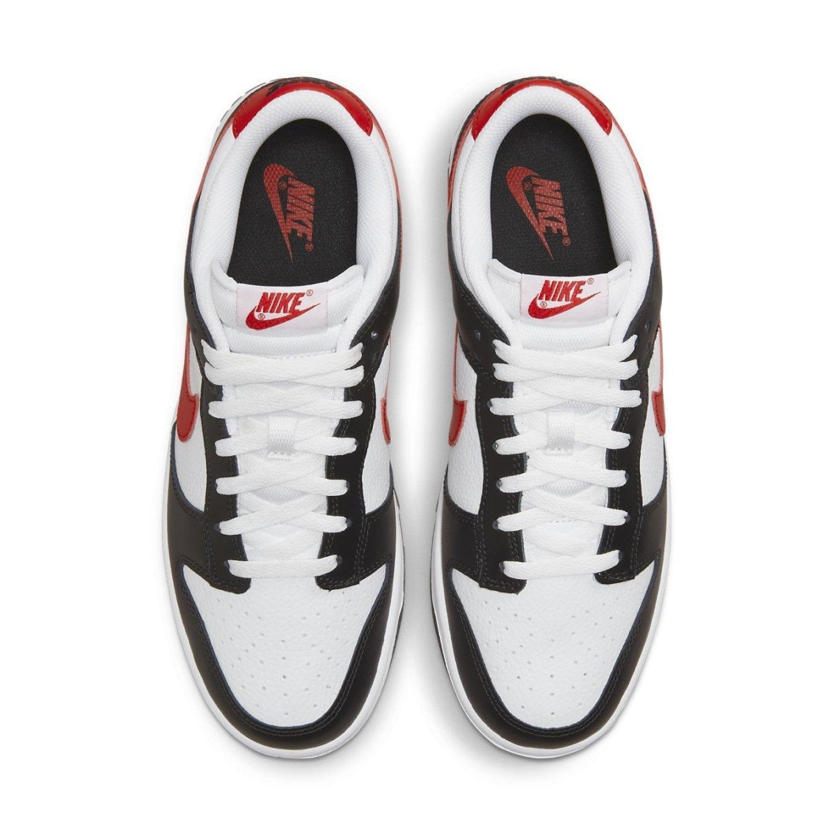 Nike Dunk Low Retro Red Swoosh Panda sneakers in white, black, and red, featuring a smooth leather upper and classic design.