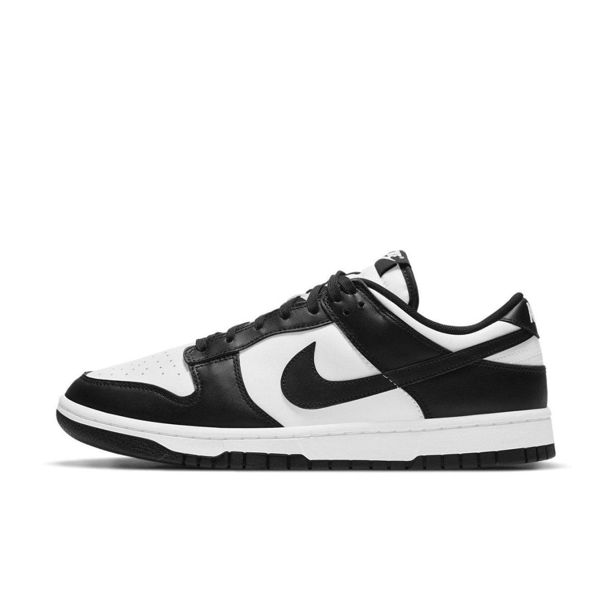 Nike Dunk Low Retro White Black Panda sneaker in a stylish side view, featuring premium black and white leather.