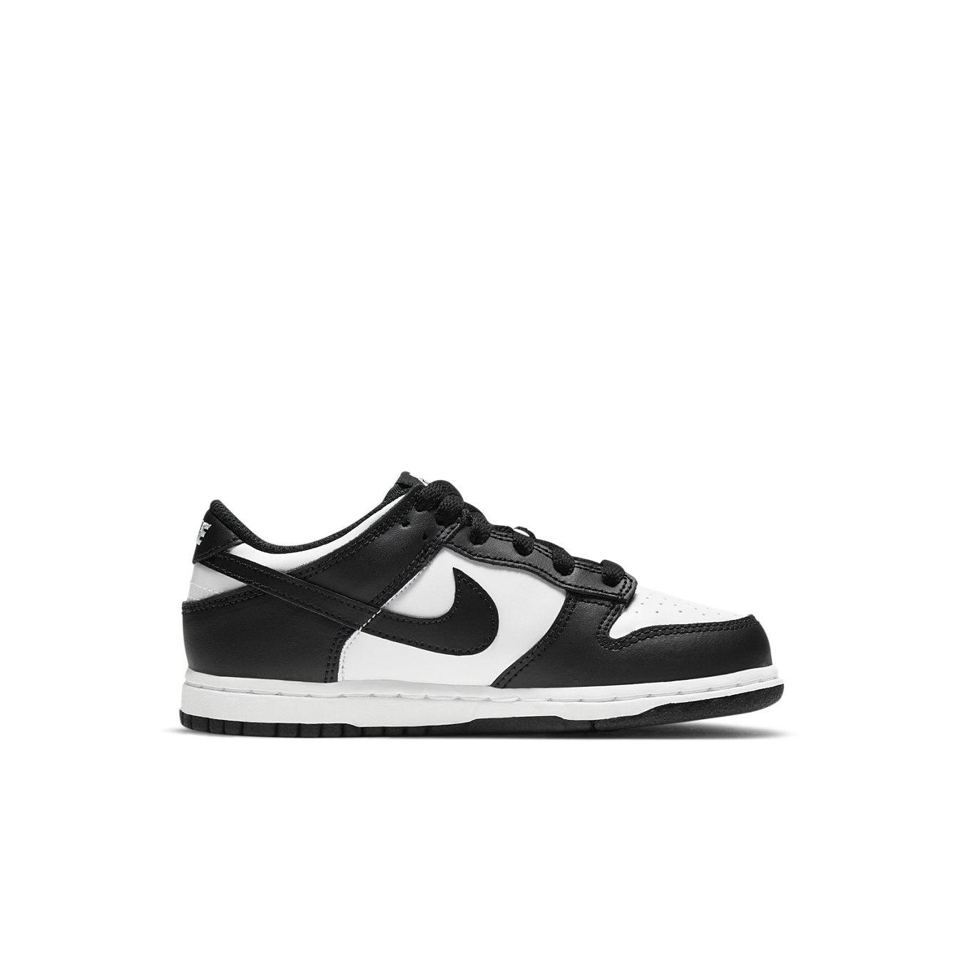 Nike Dunk Low Retro White Black Panda PS kids' shoe with sleek white and black leather design.
