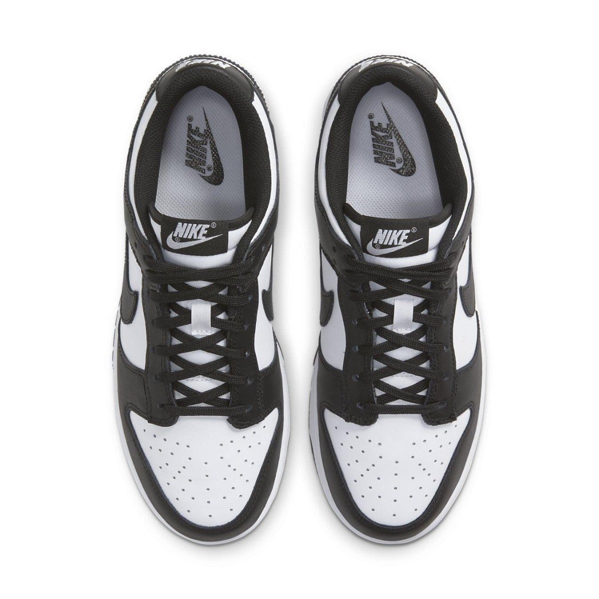 Top view of Nike Dunk Low Retro White Black Panda sneakers for women, featuring a sleek design and contrasting colors.
