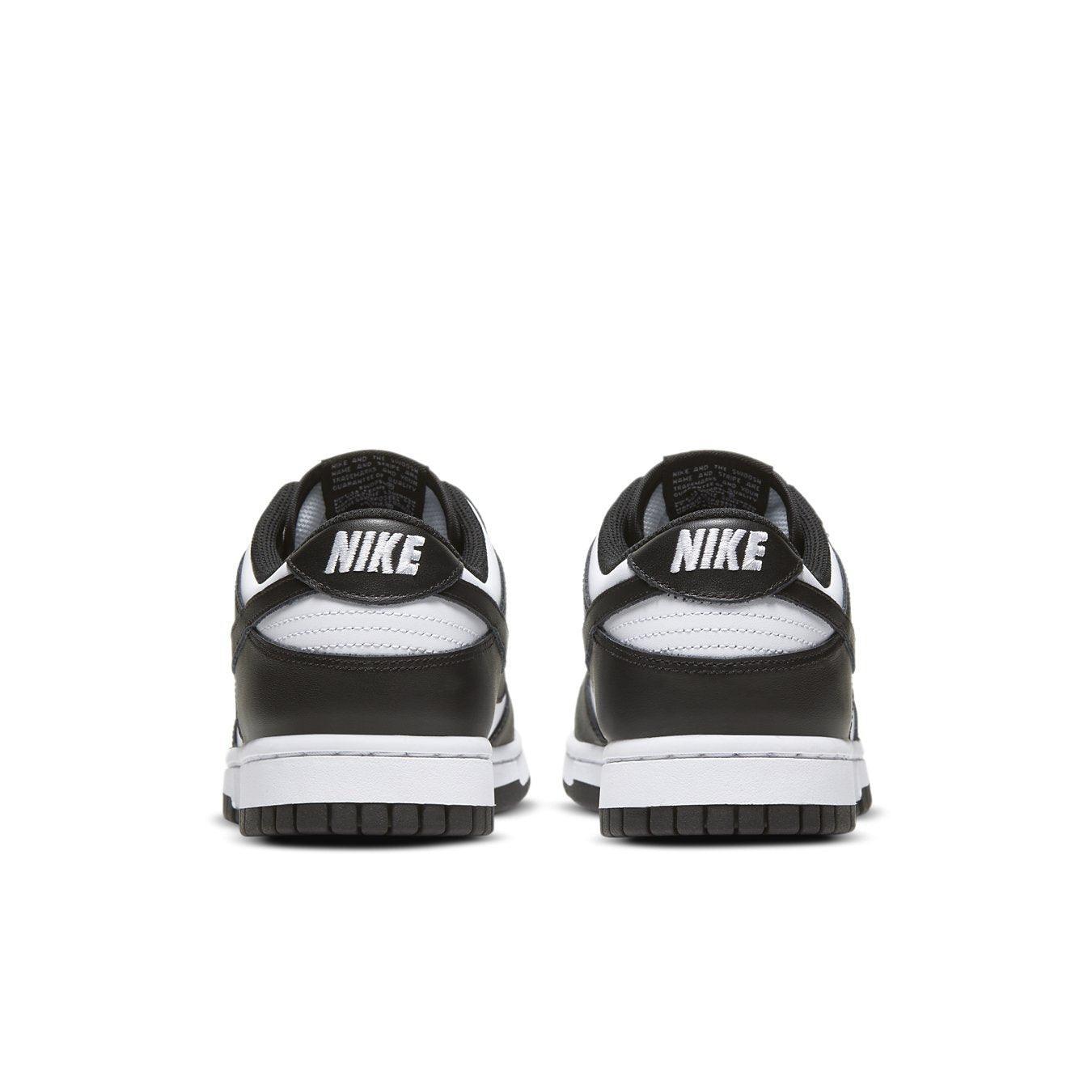 Nike Dunk Low Retro White Black Panda 2021 Women's sneaker heel view showcasing Nike logo detail.