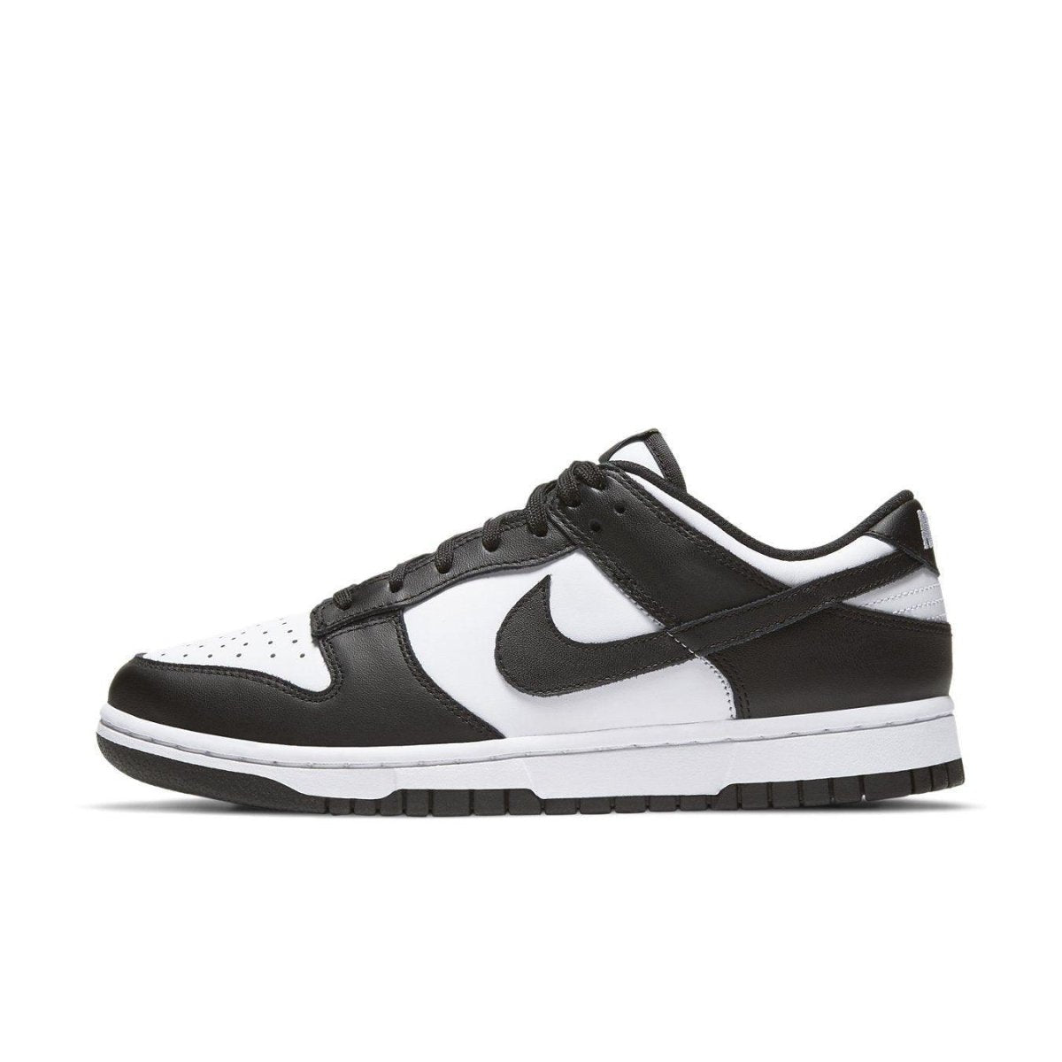 Nike Dunk Low Retro White Black Panda 2021 Women sneaker with monochrome leather design and Nike swoosh.