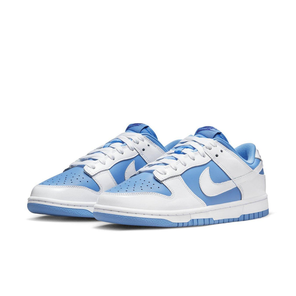 Nike Dunk Low Reverse UNC sneakers in blue and white colorway, featuring iconic design and stylish silhouette.