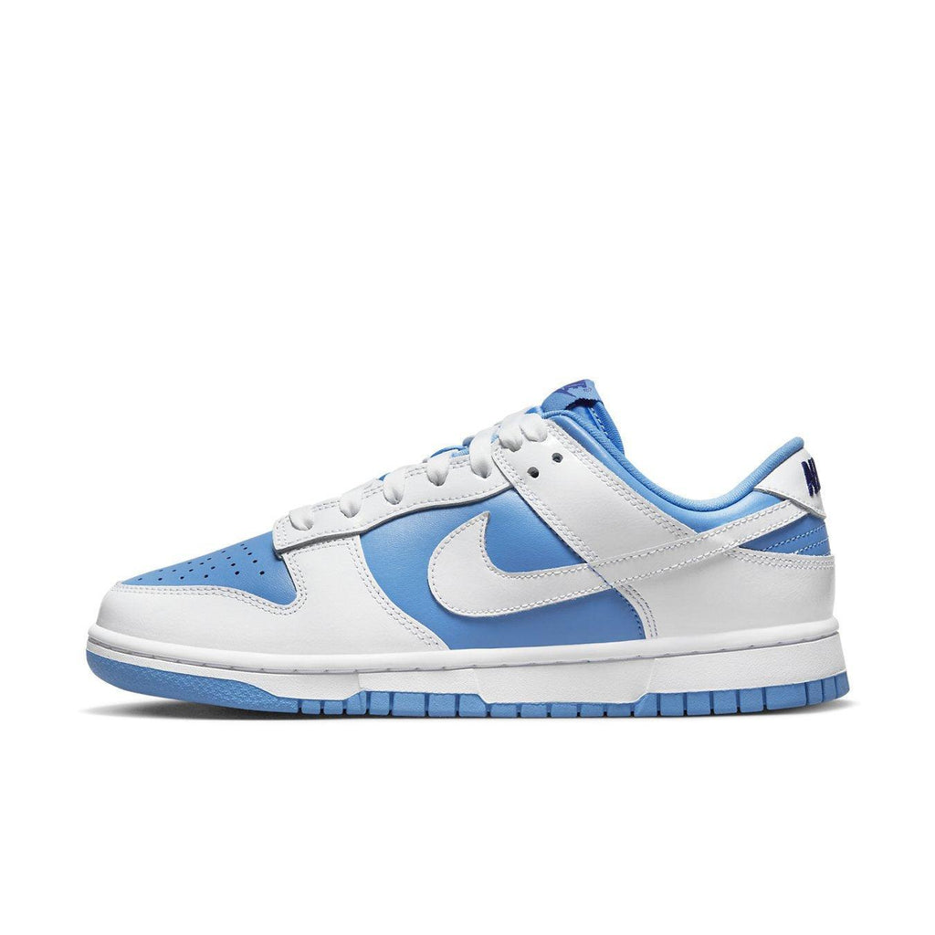Nike Dunk Low Reverse UNC (W) featuring a white and light blue color scheme, showcasing stylish sneaker design.