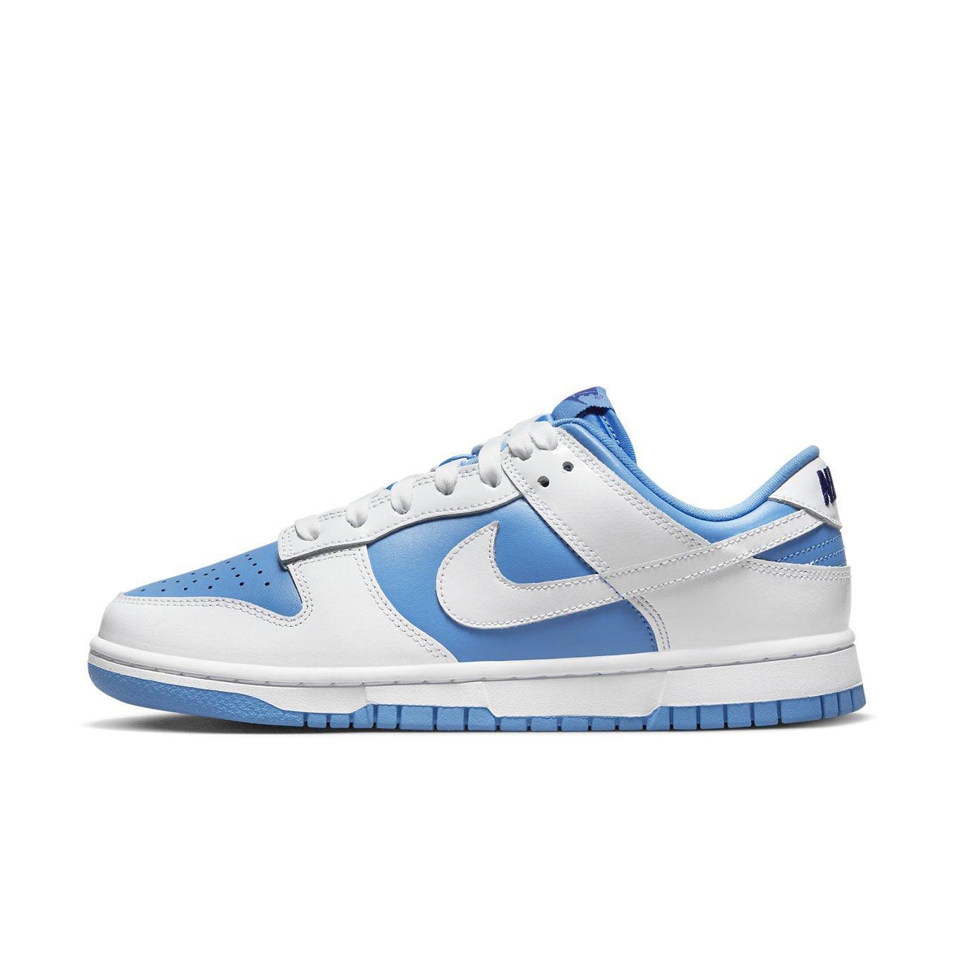Nike Dunk Low Reverse UNC (W) featuring a white and light blue color scheme, showcasing stylish sneaker design.