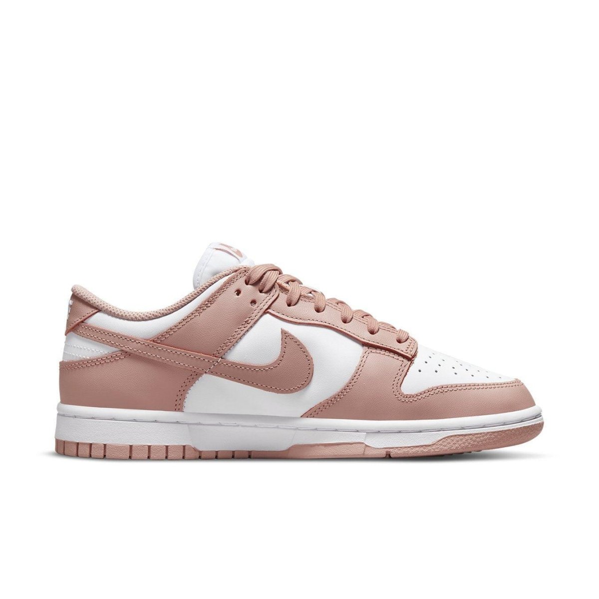 Nike Dunk Low Rose Whisper women’s sneakers in pink and white leather, showcasing a classic bicolor design with smooth finishes.