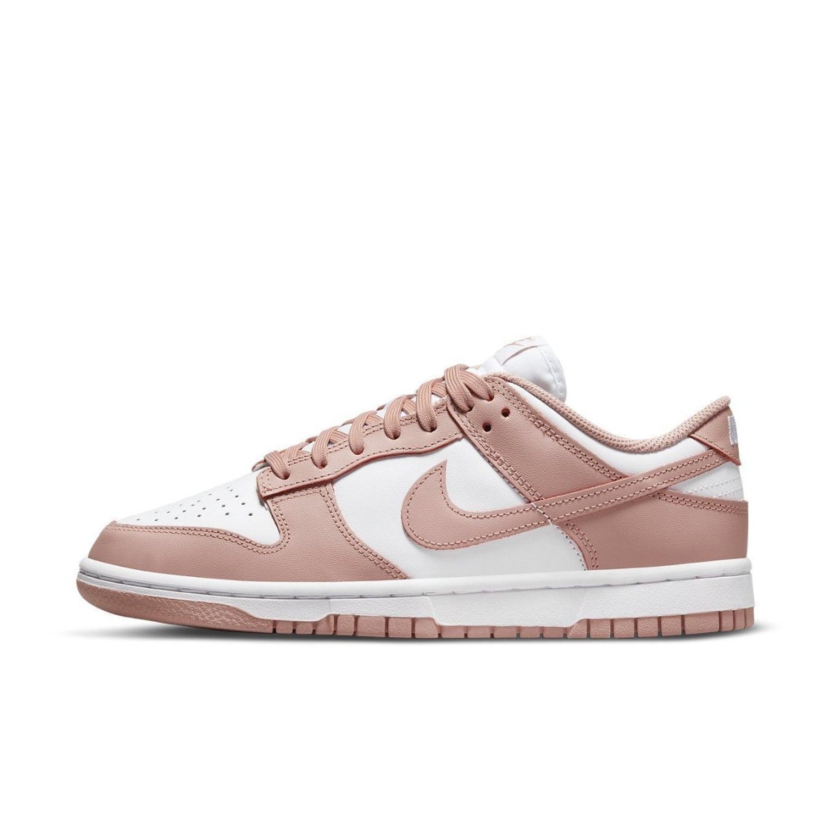 Nike Dunk Low Rose Whisper (W) in pink and white, featuring a classic two-tone design with smooth and textured materials.