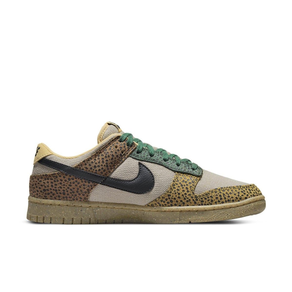 Nike Dunk Low Safari Golden Moss sneaker featuring earthy tones and hemp canvas upper with black Swoosh and green laces.