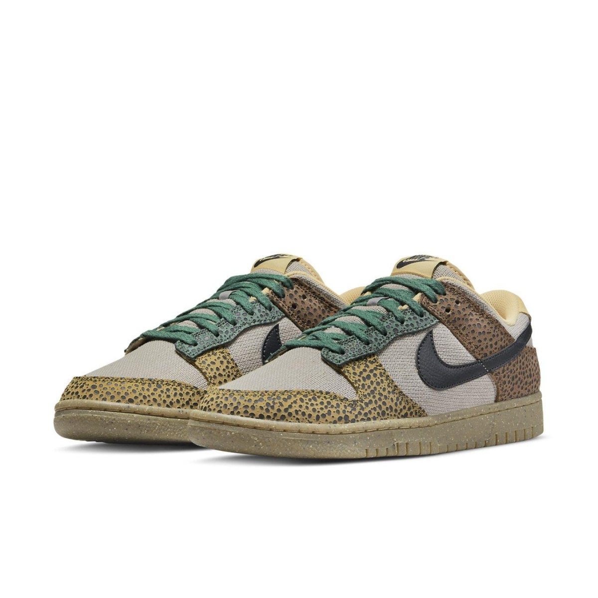 Nike Dunk Low Safari Golden Moss sneakers featuring earthy tones, black Swoosh, and emerald green laces.