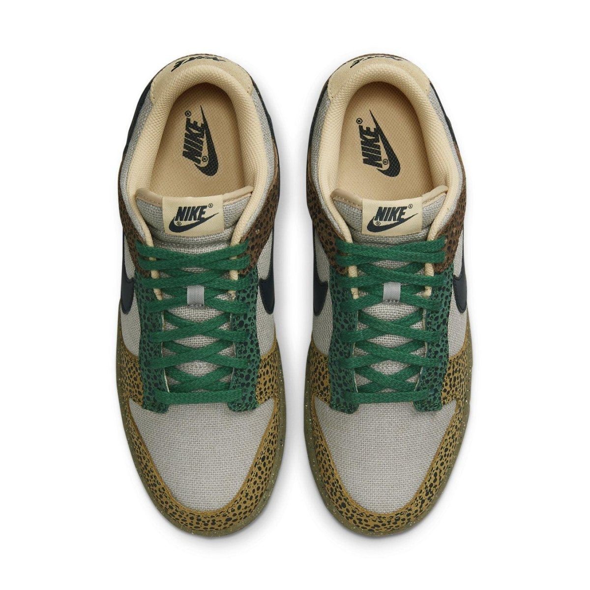 Nike Dunk Low Safari Golden Moss shoes featuring earthy tones, black Swoosh, and emerald green laces.