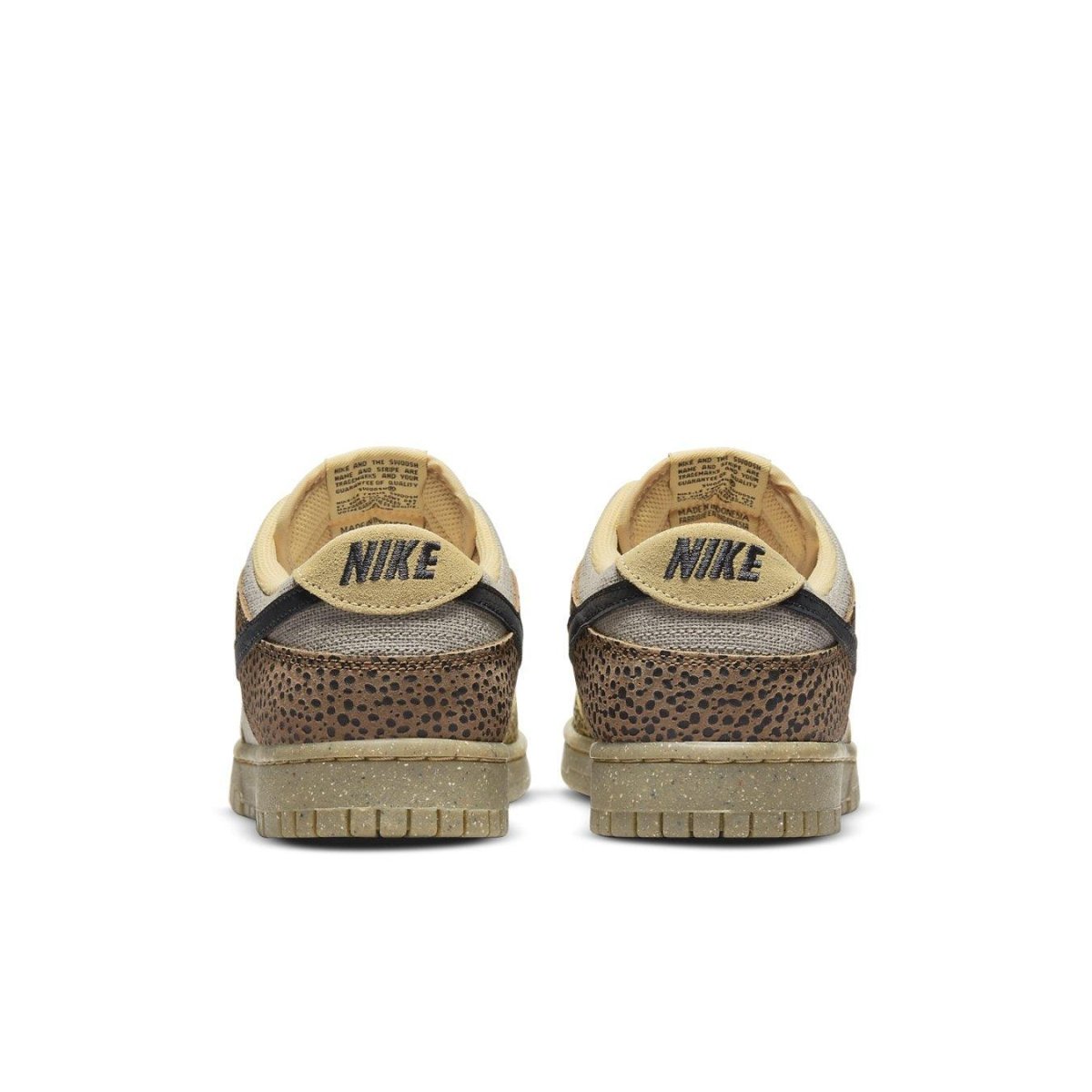 Nike Dunk Low Safari Golden Moss rear view showcasing earthy tones and unique safari print.