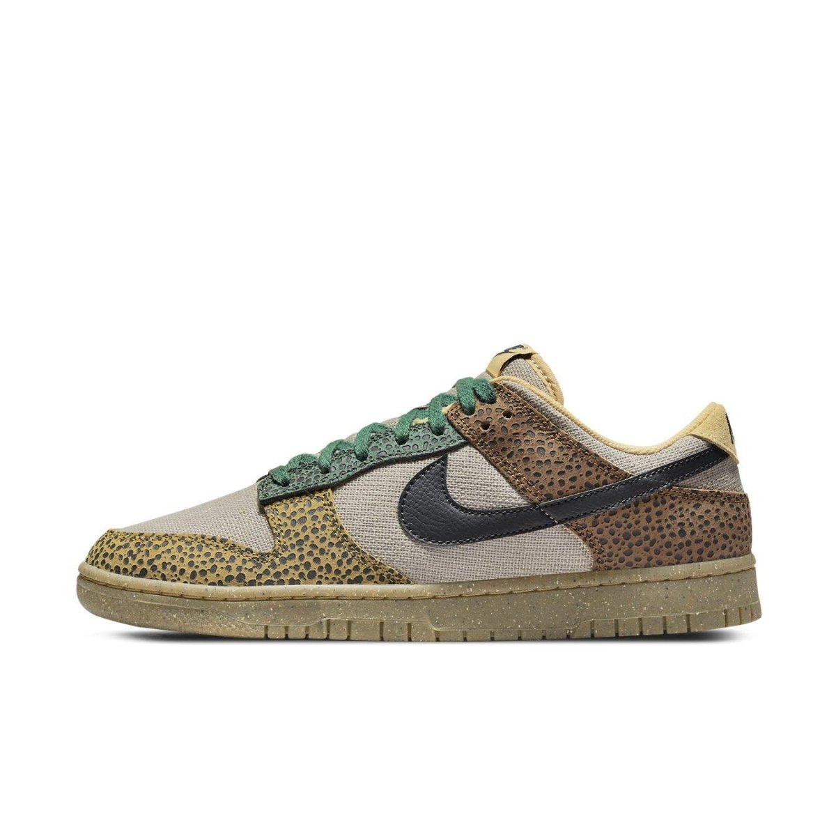 Nike Dunk Low Safari Golden Moss sneaker in beige and brown with black Swoosh and emerald green laces.