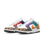 Nike Dunk Low Safari Mix (W) featuring white leather, safari patterns, and leopard Swoosh accents.