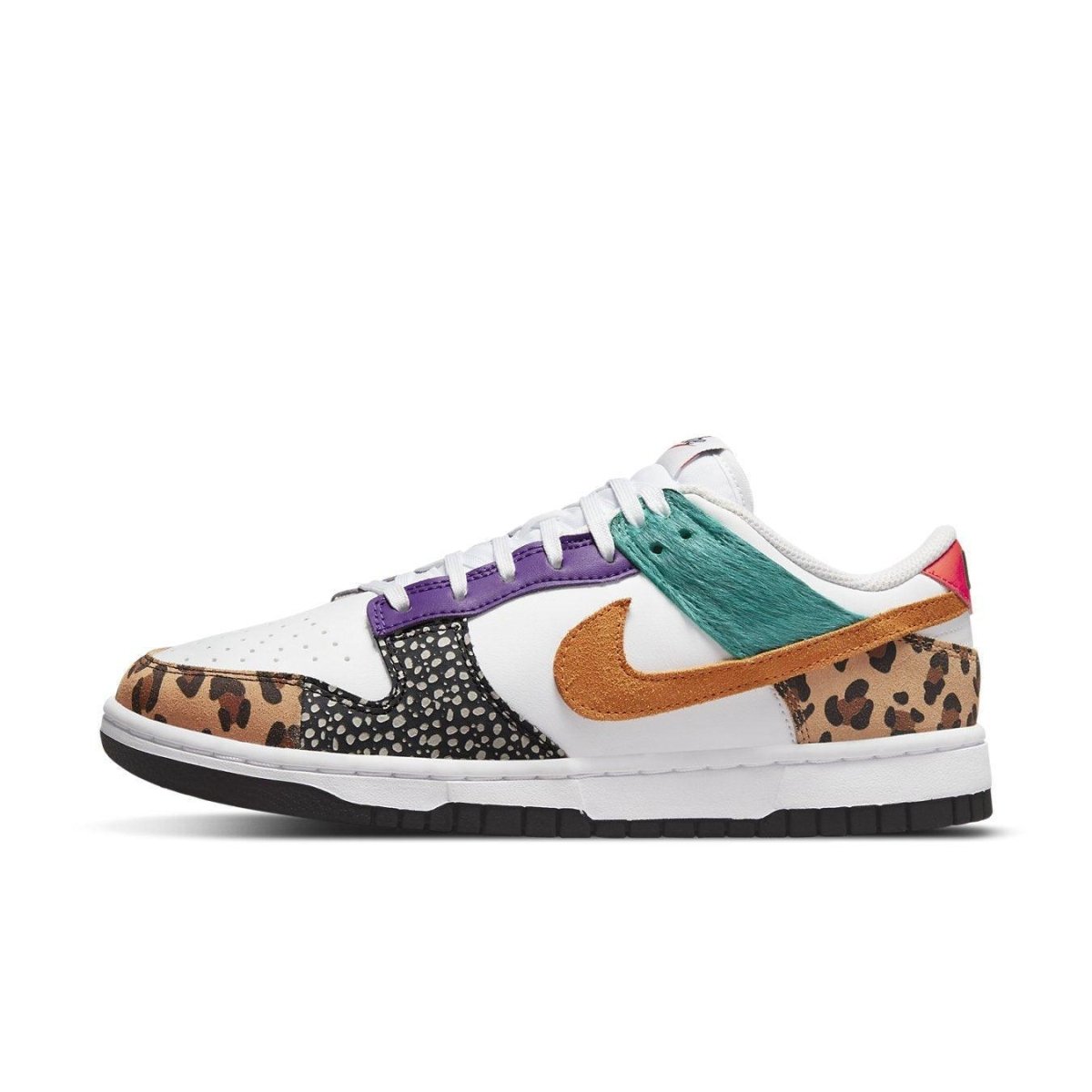Nike Dunk Low Safari Mix (W) - women's sneakers with white leather base and colorful safari patterns.