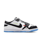 Nike Dunk Low Scrap Black Neutral Grey University Blue White sneaker with mesh and leather design.