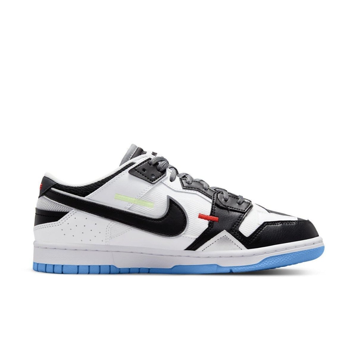 Nike Dunk Low Scrap Black Neutral Grey University Blue White sneaker with mesh and leather design.