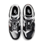 Top view of Nike Dunk Low Scrap Black Neutral Grey University Blue White shoes with intricate mesh and leather design.