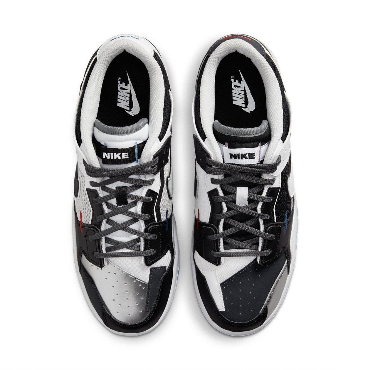 Top view of Nike Dunk Low Scrap Black Neutral Grey University Blue White shoes with intricate mesh and leather design.