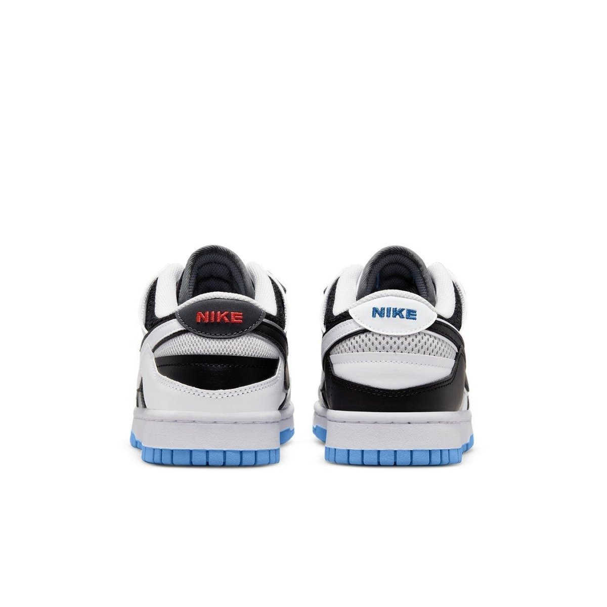 Nike Dunk Low Scrap Black Neutral Gray University Blue White shoes, featuring prominent branding and a stylish blu rubber sole.