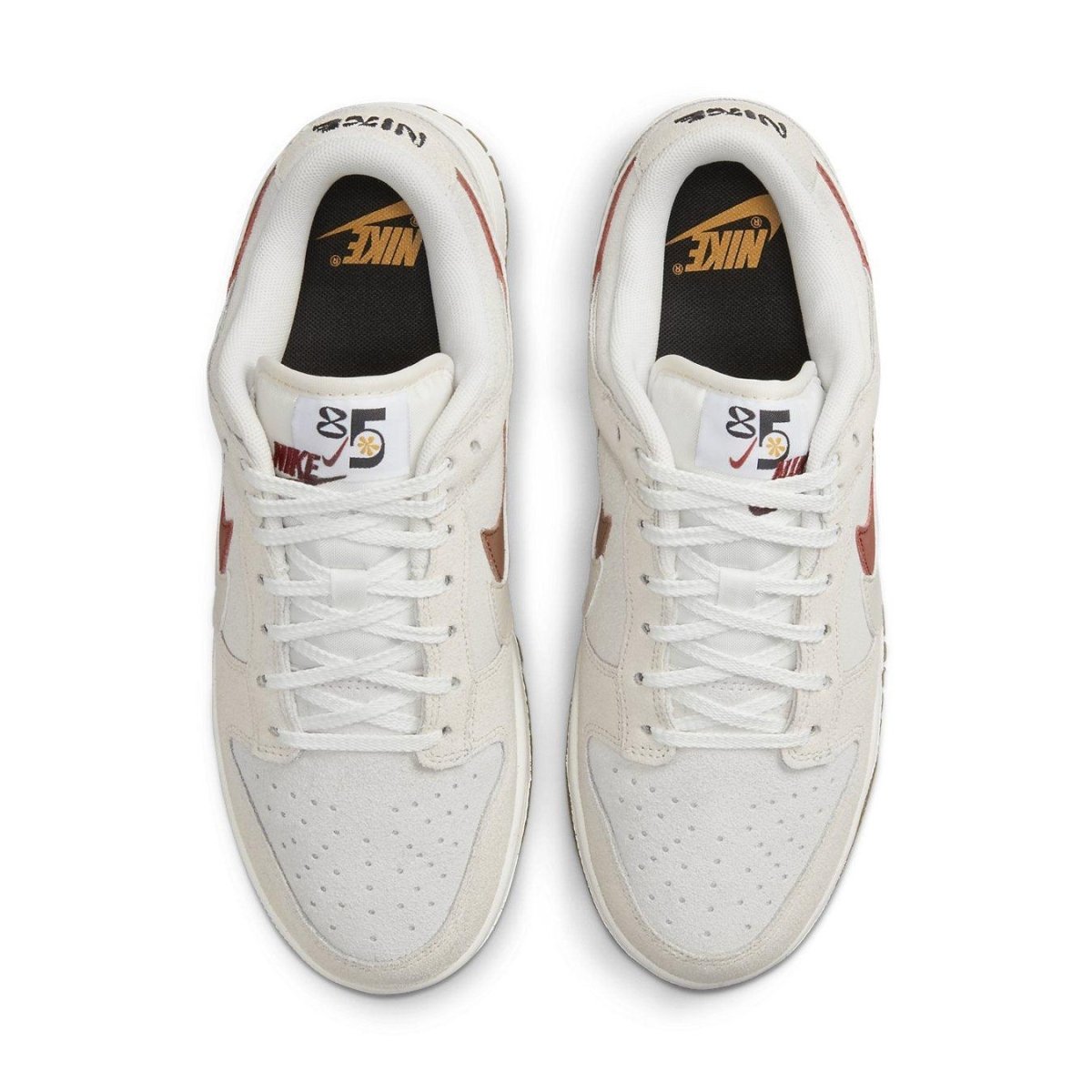 Nike Dunk Low SE 85 Double Swoosh in Sail and Burnt Orange featuring a suede upper and Grind rubber sole.