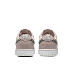 Rear view of Nike Dunk Low SE Animal Instinct Fossil Stone women's sneakers with signature logo.