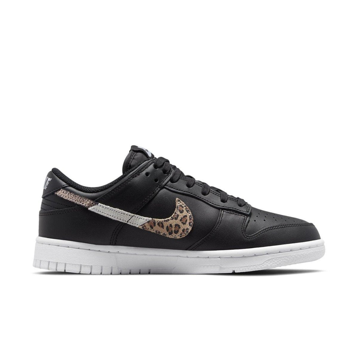 Nike Dunk Low SE Animal Instinct Black with leopard print swoosh on a black leather upper.