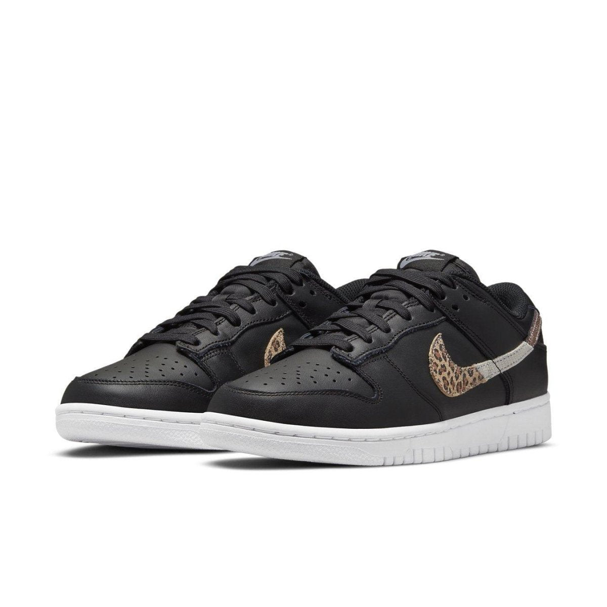 Nike Dunk Low SE Animal Instinct Black for women, featuring black leather upper and animal print swoosh designs.