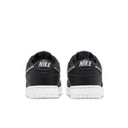 Nike Dunk Low SE Animal Instinct Black (W) rear view with black leather upper and signature swoosh design.