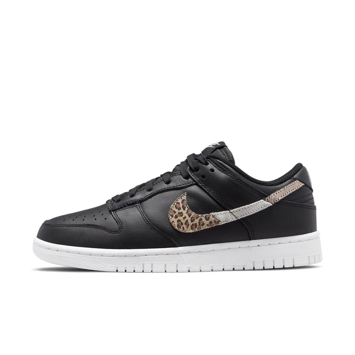 Nike Dunk Low SE Animal Instinct Black (W) with black leather and animal print swoosh.