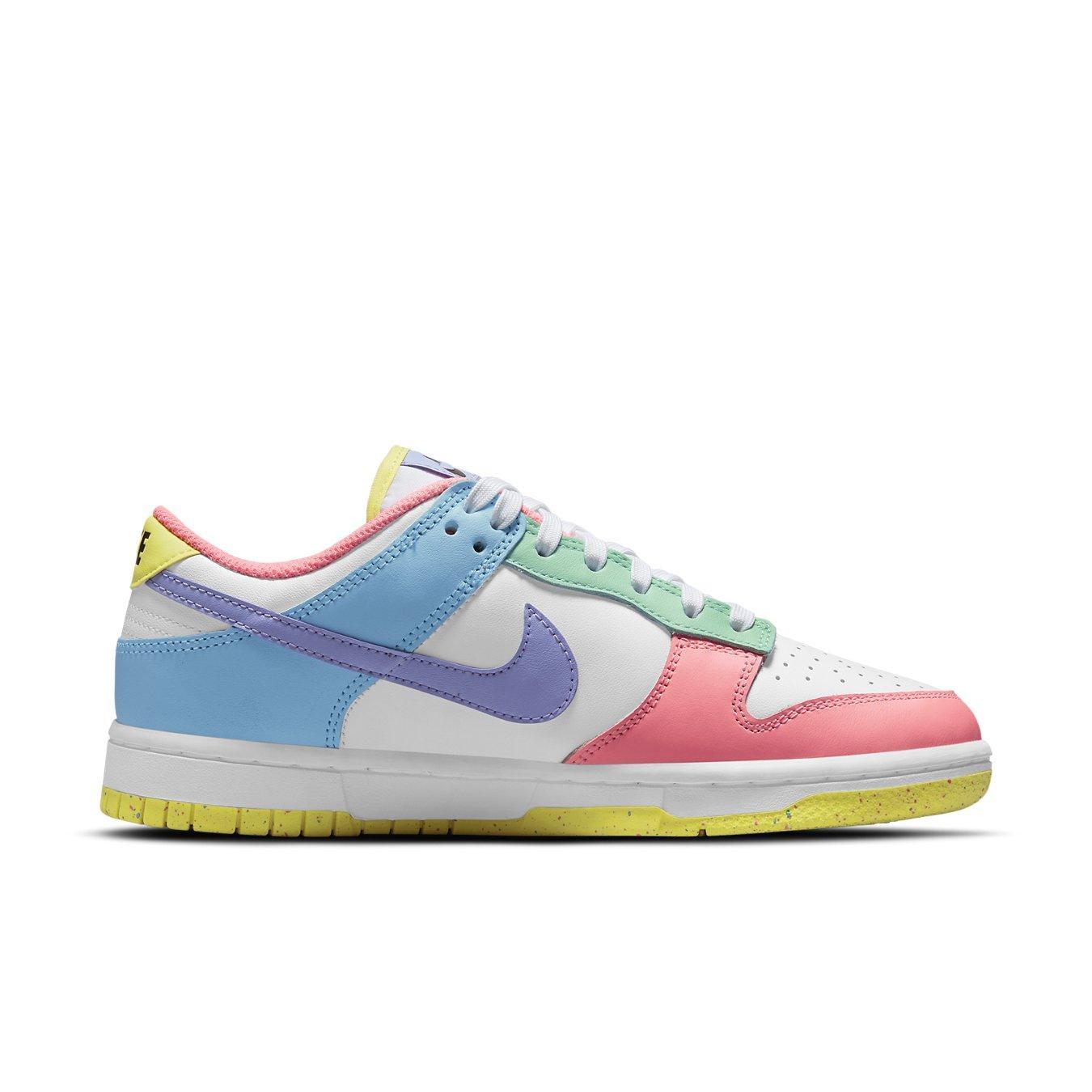Nike Dunk Low SE Easter Candy sneakers in pastel colors with pink, blue, green, and purple accents.