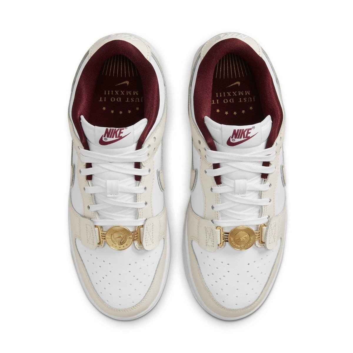Nike Dunk Low SE Just Do It white and Phantom colorway, featuring gold accents and a stylish design for women.