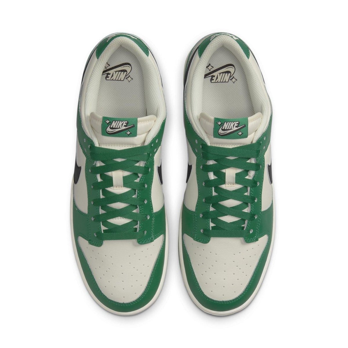 Nike Dunk Low SE Lottery Pack Malachite Green sneakers, featuring ivory leather and kelly green overlays, top view.